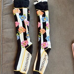 MacKenzie-Childs Black and White Striped Socks with Floral Design